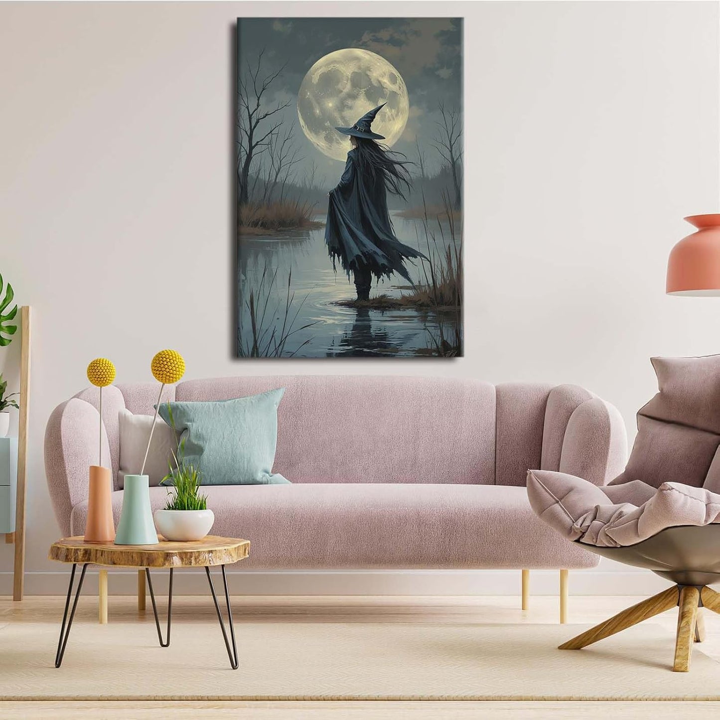 Witch in the moonlight magic canvas wall art enchanting Halloween home decor swamp witch silhouette oil painting mysterious gothic aesthetic wall decor print poster20x30in Wood Framed