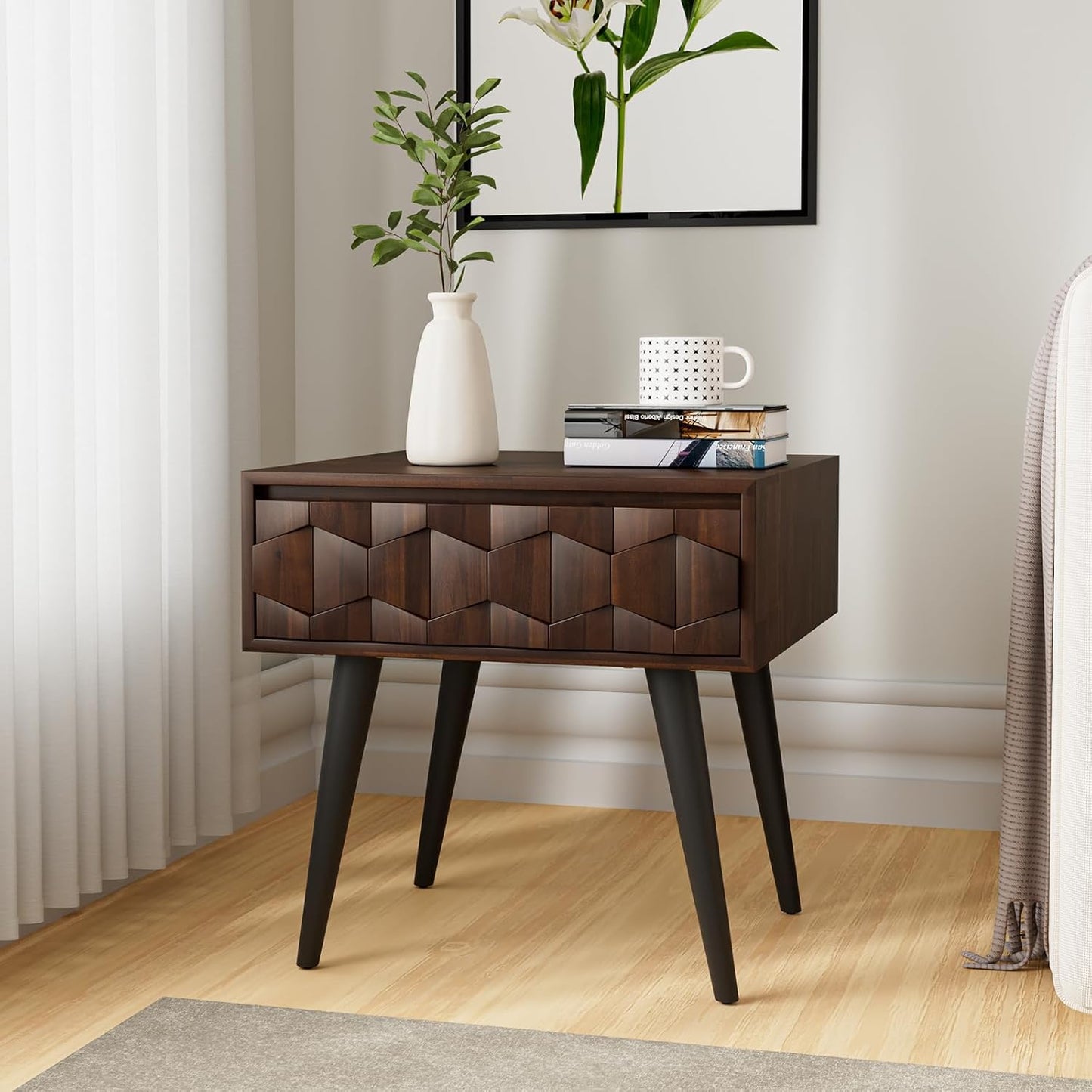 Bme Georgina Solid Wood Nightstands with Drawers - Fully Assembled Rustic Geometric Pattern Bedside Cabinet - Mid Century Modern Side Table for Living Room, Bedroom