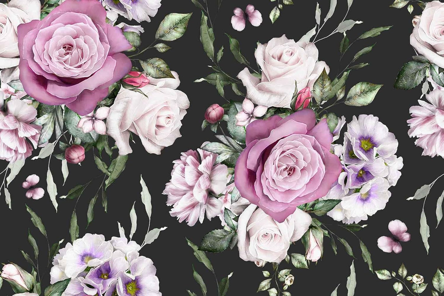 Seamless Pattern of Flowers and Exotic Leaves on a Black Background. Floral Roses and Peonies Wall Mural(Non-self-Adhesive)