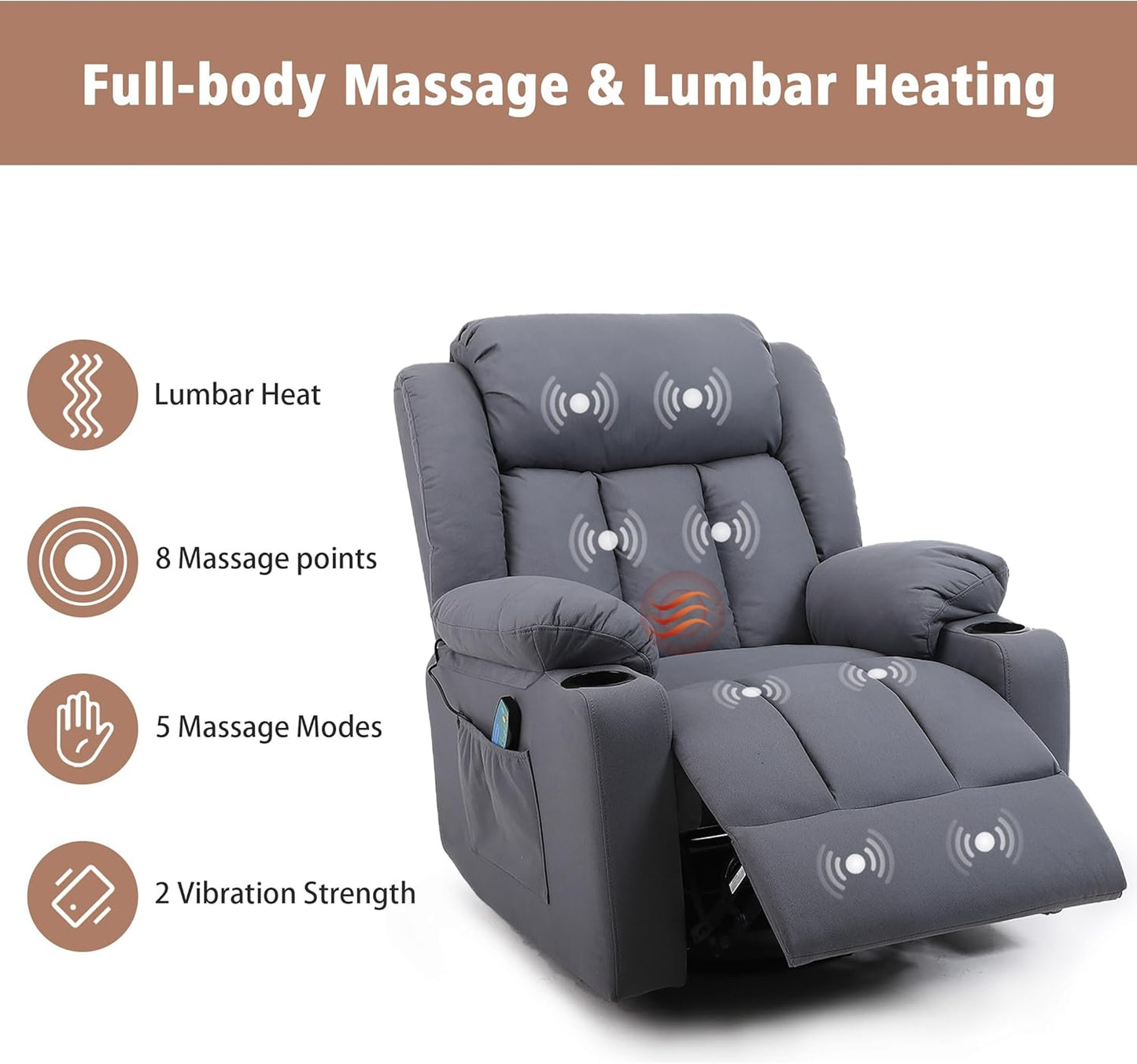 Rocker Swivel Recliner Chair for Adults, Overstuffed Large Manual Recliner Glider with Massage and Heat, Comfy Soft Fabric Living Room Reclining Sofa Chair(Technical Grey)