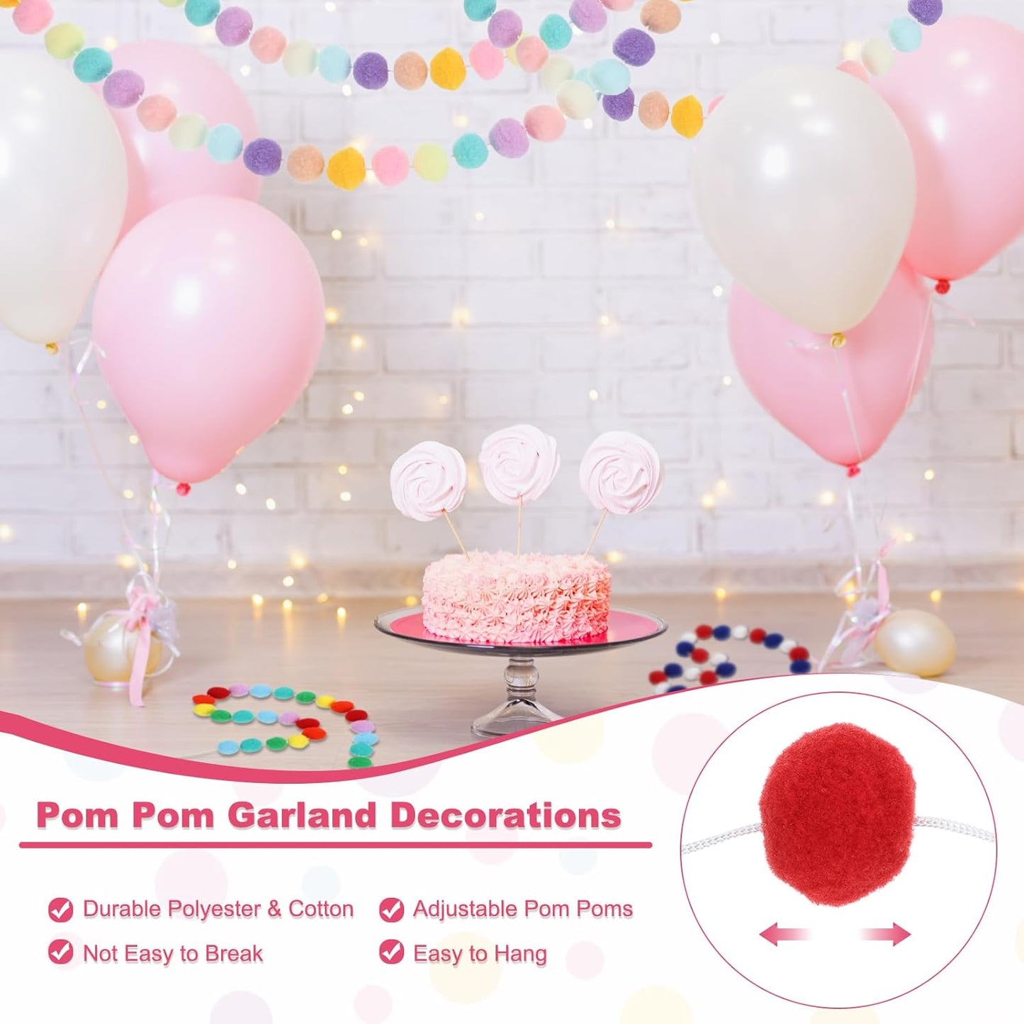 PATIKIL 26Ft Pom Pom Garland Decorations, 4Pcs Colorful Felt Ball Garland Banner Cute Rainbow Pompom Hanging Decorations for Tree Ornaments Homes Decor, Red/Green/White