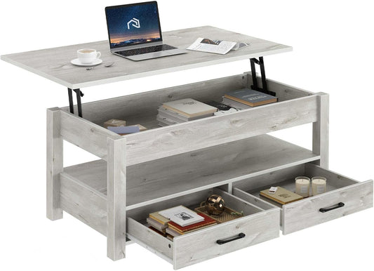 Rolanstar Coffee Table, Lift Top Coffee Table with Drawers and Hidden Compartment, Living Room Table with Wooden Lift Tabletop, for Living Room, Grey