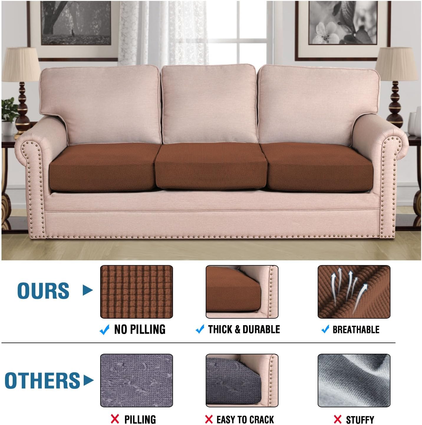 H.VERSAILTEX Super Stretch Individual Seat Cushion Covers - Sofa & Couch Cushion Slipcover Sets - Thick Jacquard Textured Twill Fabric (3 Piece, Caramel)