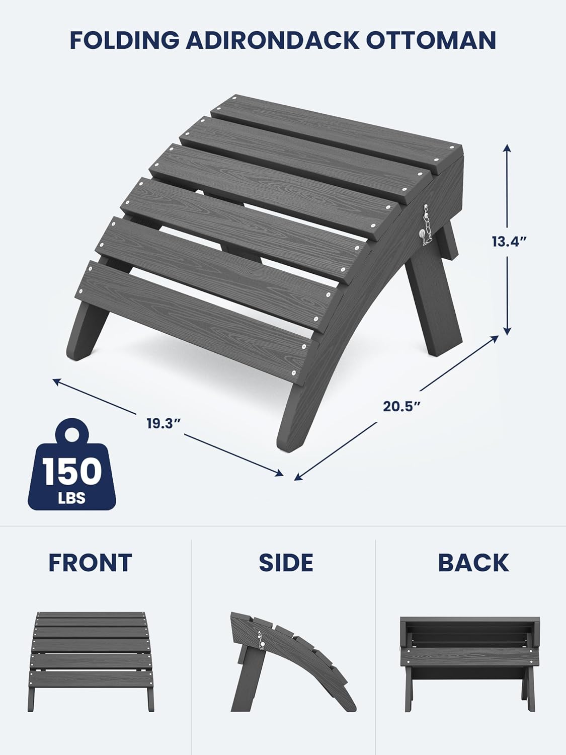 KINGYES Folding Adirondack Ottoman Set of 2 for Adirondack Chair, Grey