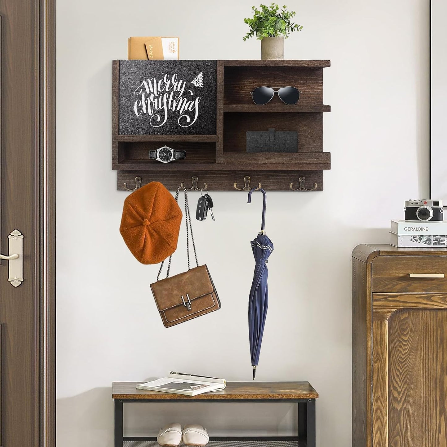 Key Holder for Wall, Mail Organizer Wall Mount with Key Hooks and Chalkboard & Mirror for Sunglasses Storage and Dog Leash Hanger, Decorative with 4 Double Hooks