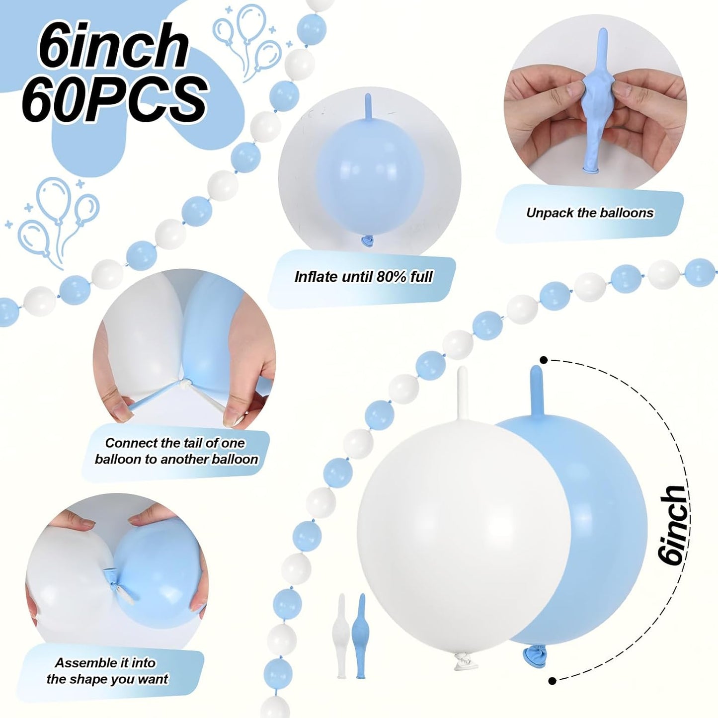 Blue and White Link Balloons, 60PCS Baby Light Blue White Linking Balloons with Tail for Making Balloon Wall Arch and Chains, Quick Balloon for Wedding Birthday Baby Shower Party Decorations (6inch)