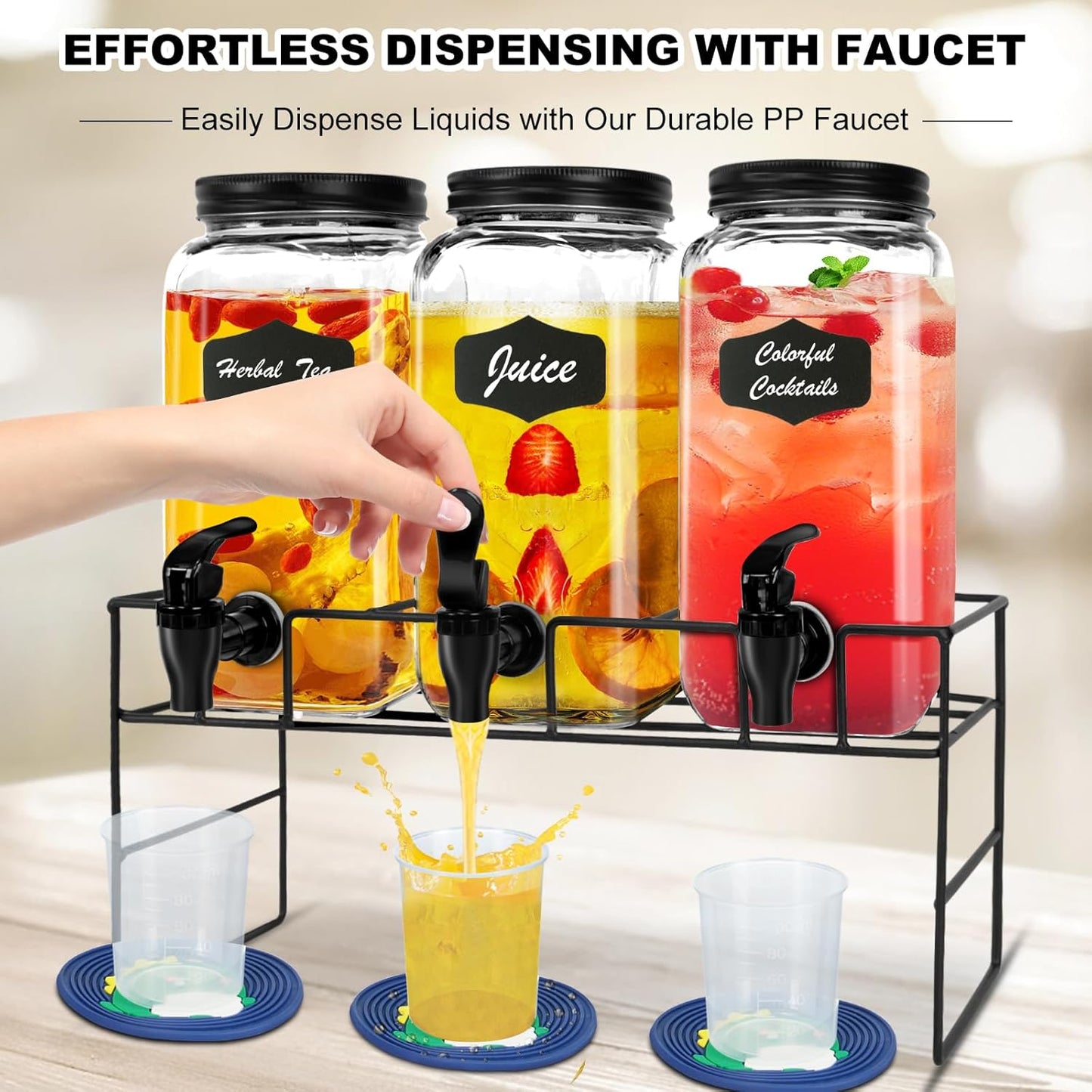 3-Pack 2.2L Glass Laundry Detergent Dispenser Set with Stand - Premium Liquid Soap Dispenser with PP Spigots, Measuring Cups, and Chalkboard Labels for Laundry Room Organization and Storage