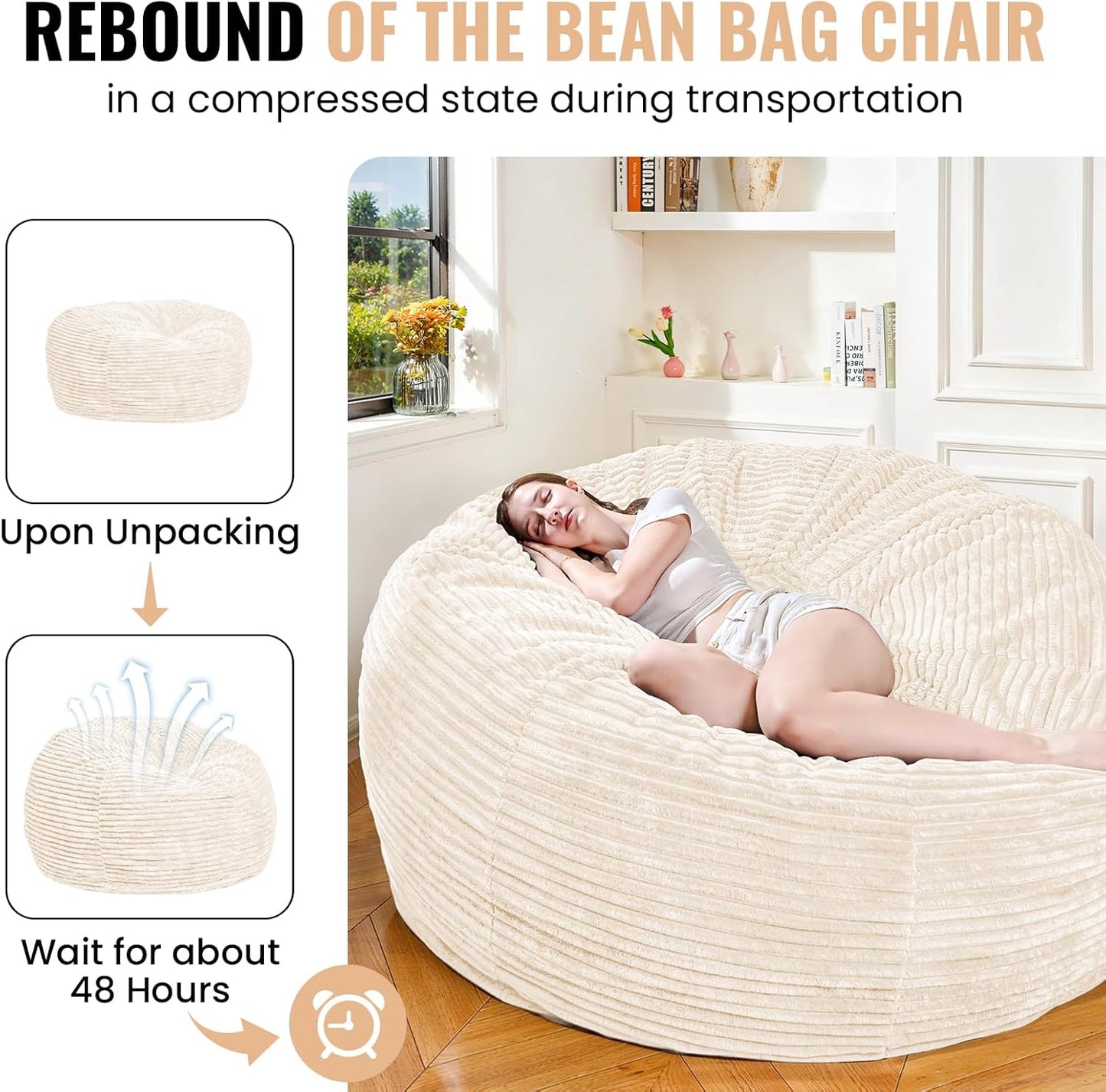 Large Bean Bag Chair, 5FT Giant Beanbag Chairs with Memory Foam Filled, Bean Bag Chairs for Adults, Ultra Soft Lazy Sofa for Living Room Bedroom (White)
