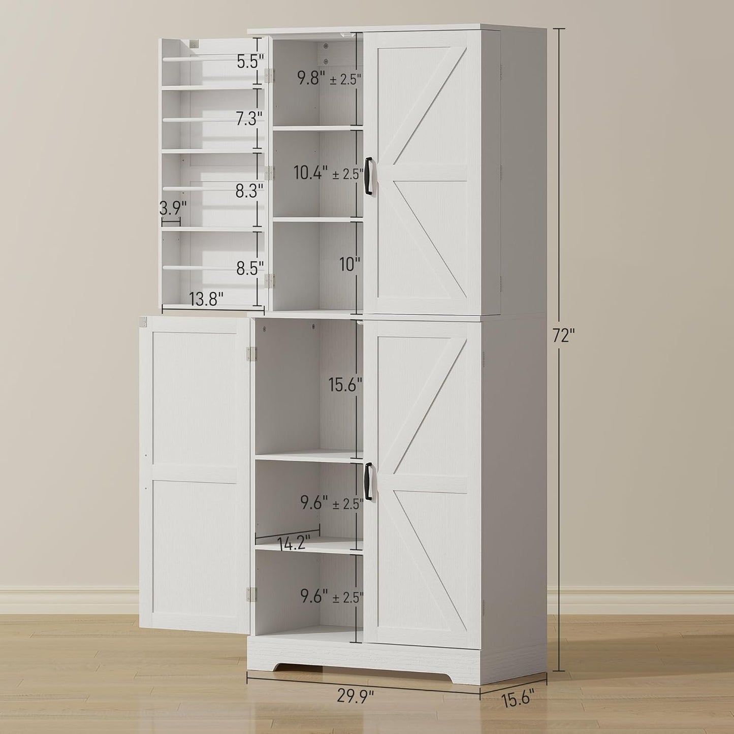HOMCOM 72" Farmhouse Kitchen Pantry Cabinet, Freestanding Tall Storage Cabinet with 4 Barn Doors, 4 Adjustable Shelves and 8 Door Shelves, Embossed White Wood Grain