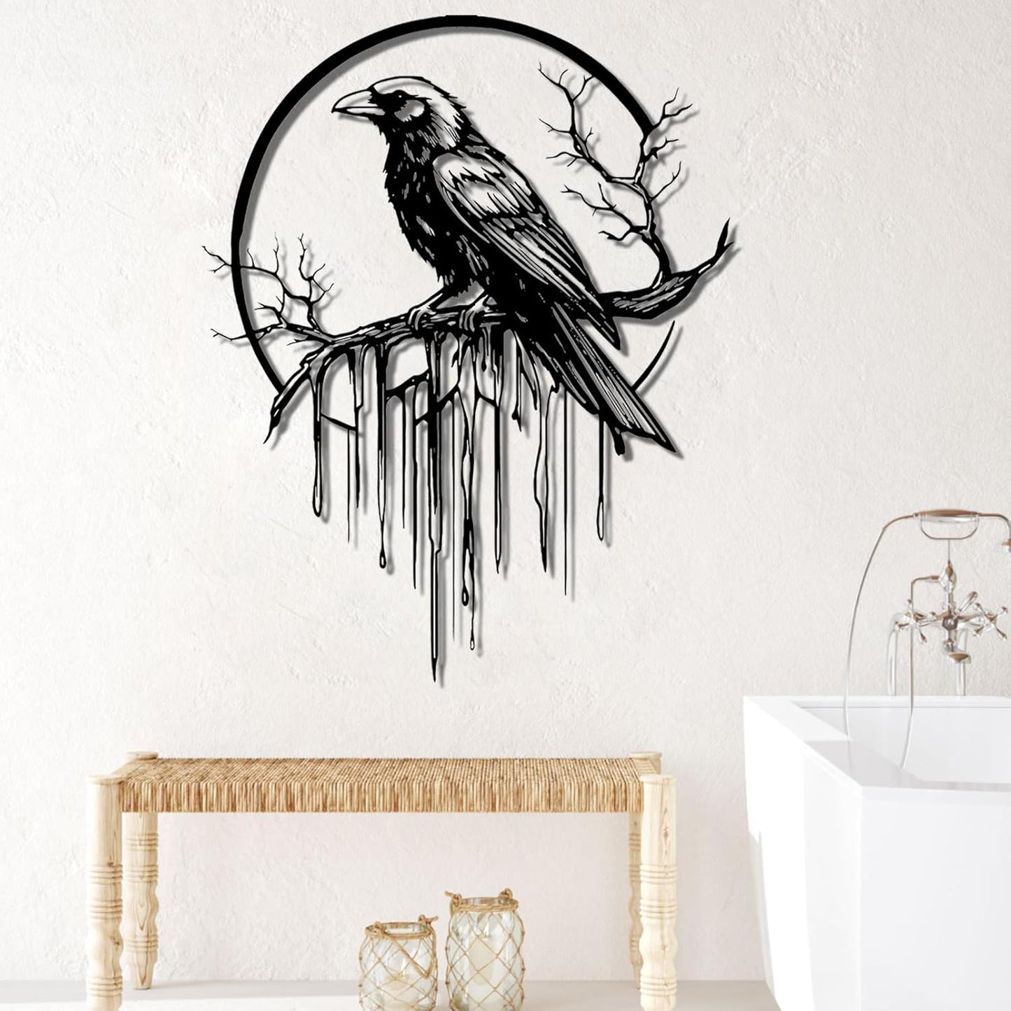 Crow Metal Wall Decor, Raven Wall Art, Large Gothic Raven Decor Hangings, Bird Wall Decor, Metal Tree Branch Decor, Ravens Sign, Raven Art for Living Room (White, 24"x19" | 60x48cm, metal wall art)