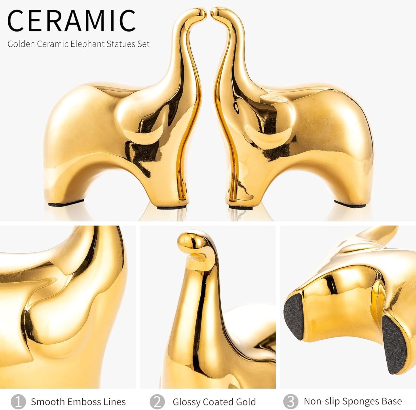 Loving Pair of Small Cute Gold Elephant Statues Gold Home Decor Modern Boho Style Figurine Decorative Ornaments for Living Room, Bedroom, Office Desktop, Cabinets, Shelf