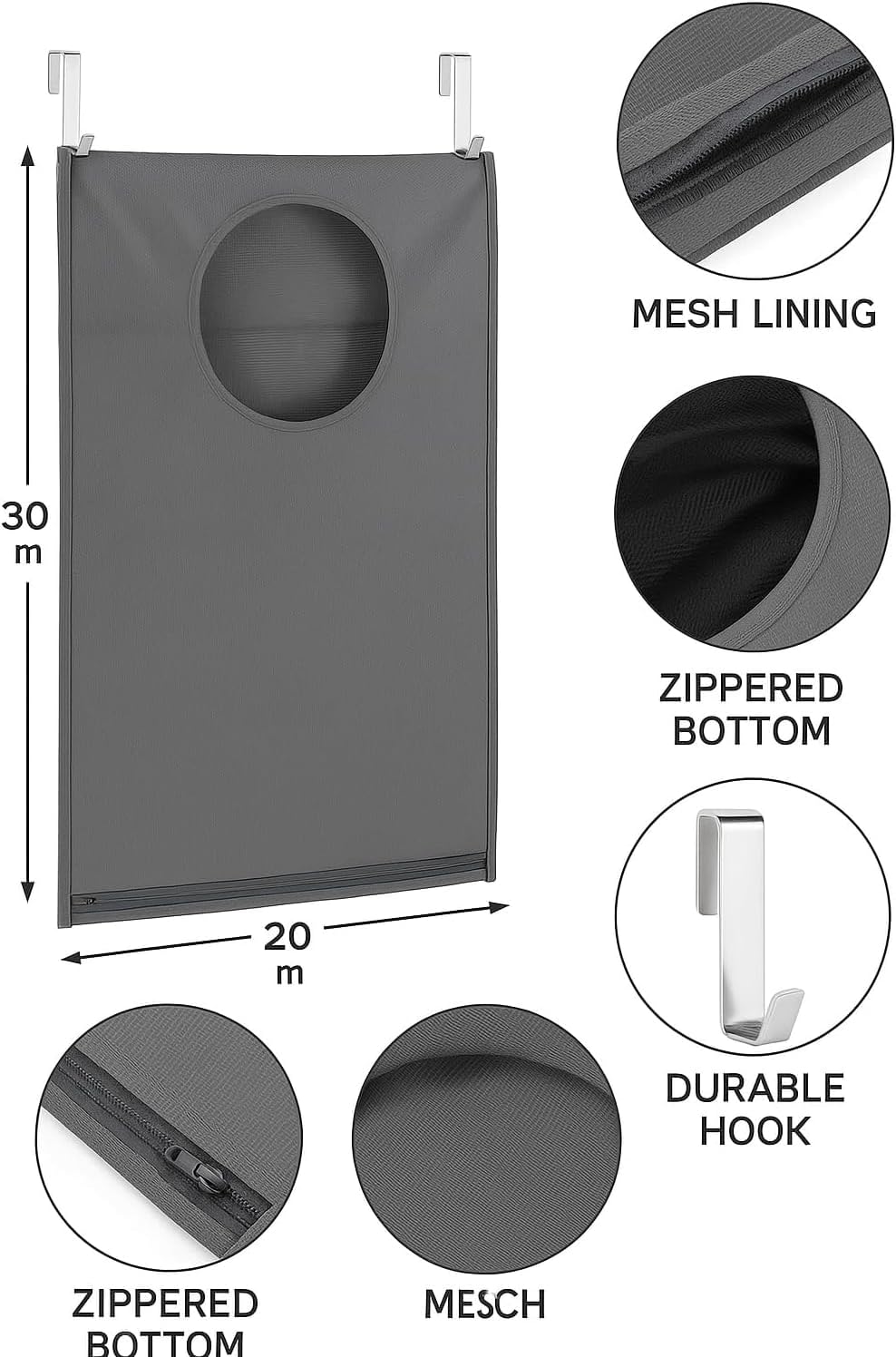 Hanging Laundry Hamper Bag – Space-Saving Dirty Clothes Storage with Free Adjustable Stainless Steel Over-the-Door Hooks & Suction Cup Hooks – Ideal for bathrooms, bedrooms & dorms (2, Gray)