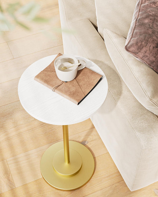 Masupu Drink Table, Round Side Table for Small Spaces, Pedestal Side Table, Small End Table with Metal Base, for Living Room, Bedroom, Bathroom, White Gold