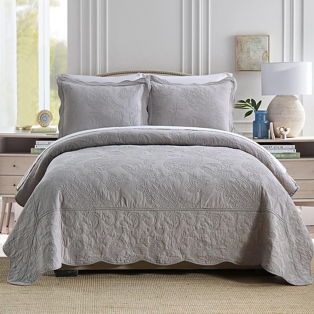 Cotton Bedspread Quilt Sets, Real Patchwork Bedding Sets with Luxury Floral Paisley Pattern, 3 Pieces Reversible Soft Lightweight Coverlet for All Season, Grey, Queen Size