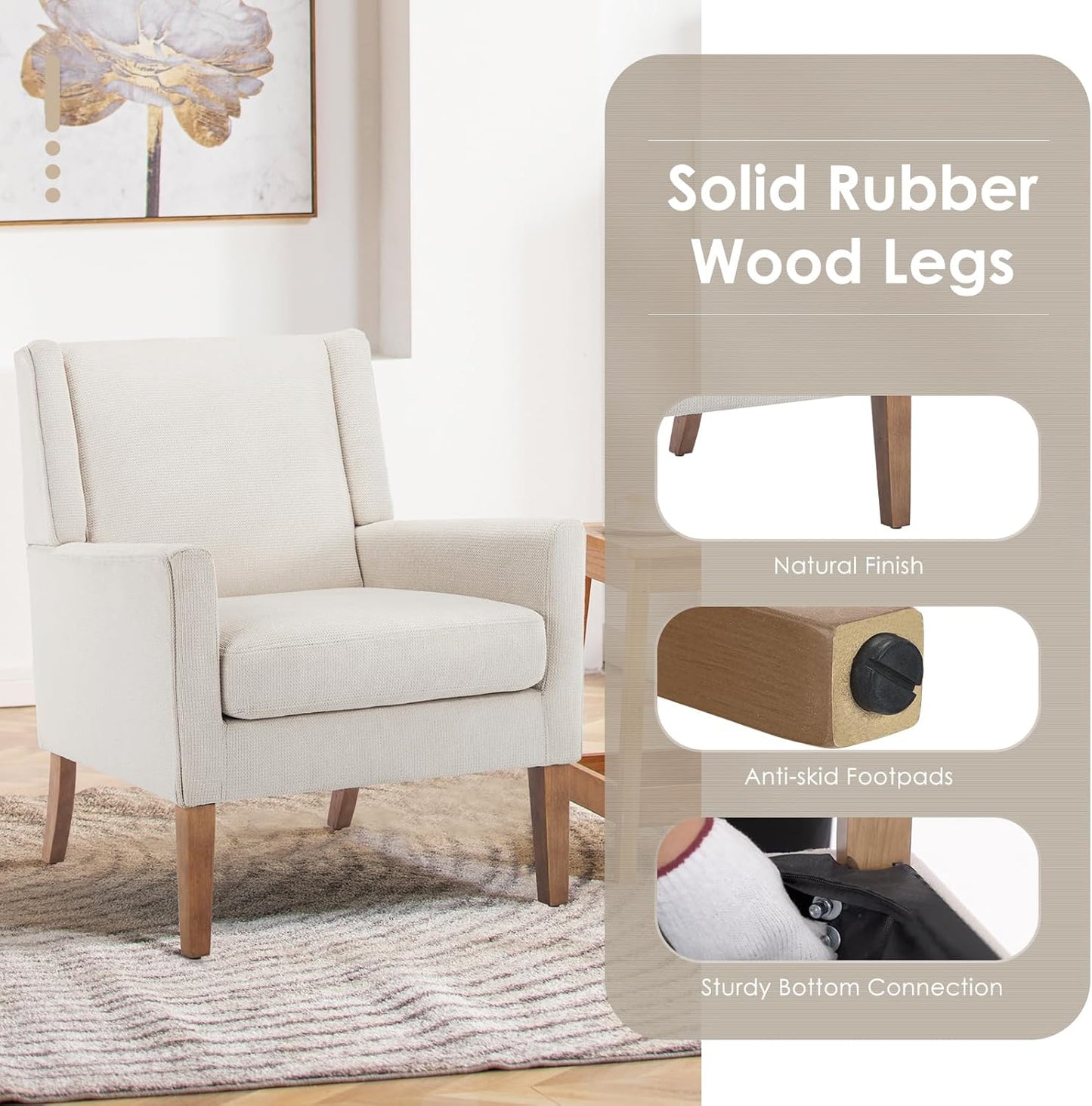 COLAMY Modern Wingback Living Room Chair, Upholstered Fabric Accent Armchair, Single Sofa Chair with Lounge Seat and Wood Legs for Office/Bedroom/Reading Spaces, Beige