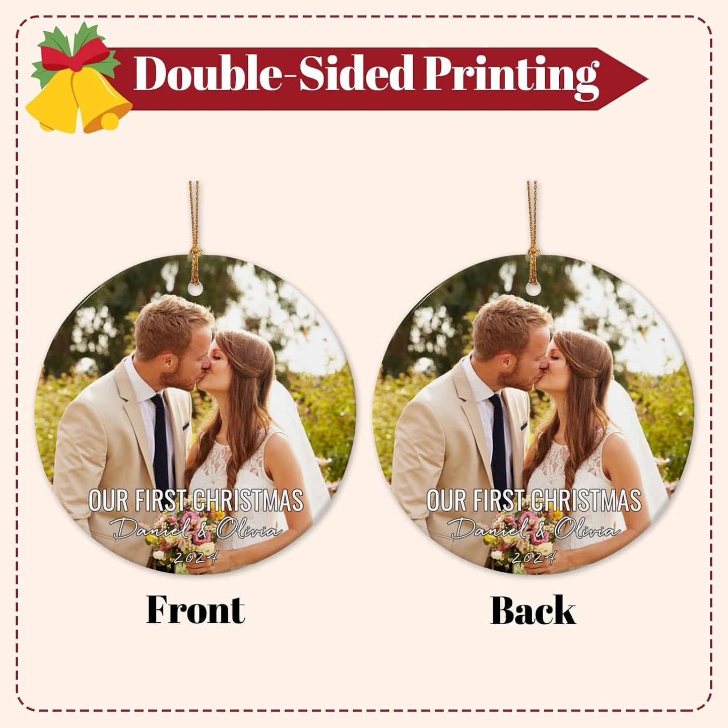 Personalized First Christmas Married Ornament 2025 Custom Mr and Mrs Wedding Christmas Ornaments with Name Date for Couples,Double-Sided Ceramic Customized Engagement Ornament