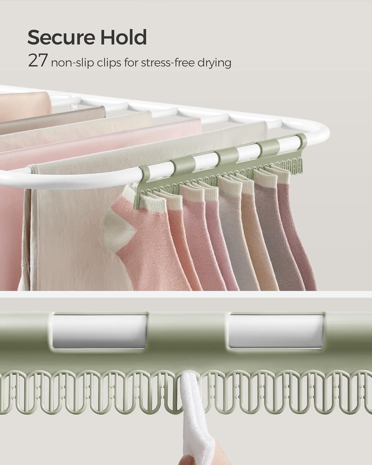 SONGMICS Clothes Drying Rack, with Sock Clips, Metal Laundry Rack, Foldable, Space-Saving, Free-Standing Airer, with 2 Height-Adjustable Gullwings, Indoor Outdoor Use, White and Green ULLR052C01