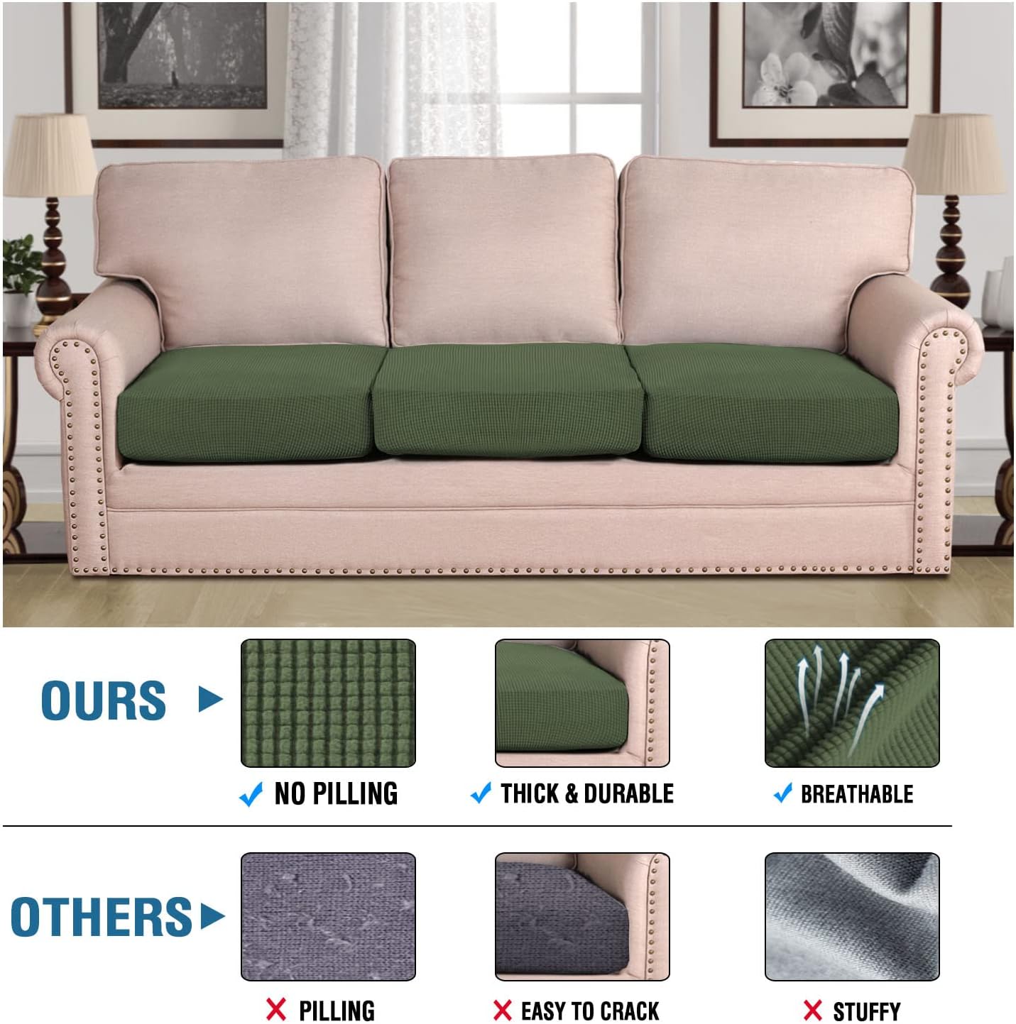 H.VERSAILTEX Super Stretch Individual Seat Cushion Covers - Sofa & Couch Cushion Slipcover Sets - Thick Jacquard Textured Twill Fabric (3 Piece XL Sofa Cushion Covers, Bronze Green)