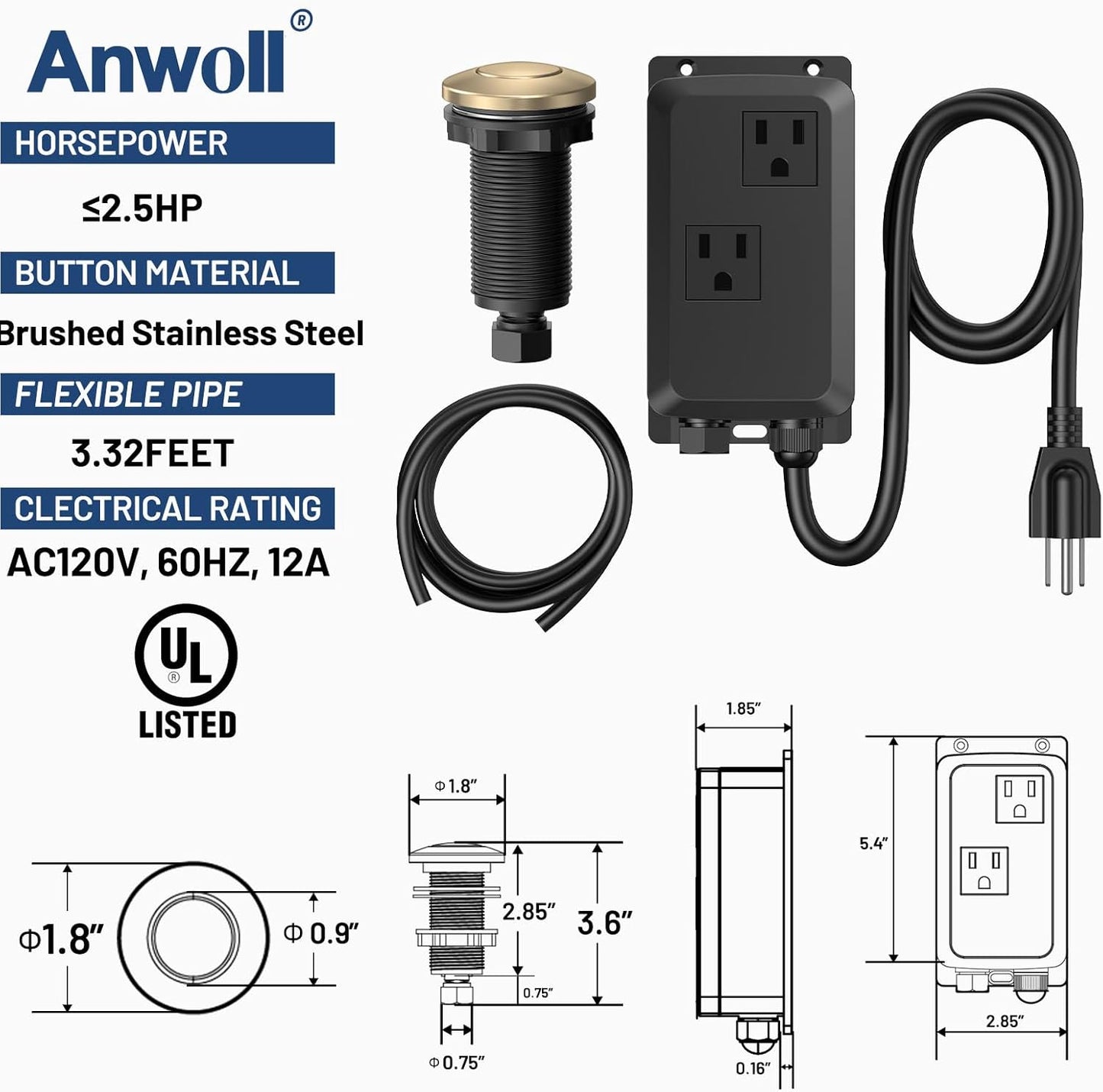 Garbage Disposal Air Switch Kit, UL Listed, Professional Sink Top On/Off Button, Champagne Bronze Finish, Compatible with Delta Faucet, Dual Outlet Universal Fit for All Garbage Disposals
