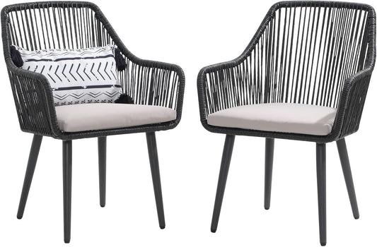 Patiorama Outdoor Dining Chairs, Patio Dining Chair Set of 2, All-Weather Woven Rope Rattan Chairs, Outdoor Dining Wicker Chairs with Armrests for Indoor Balcony Pool Backyard(Black)