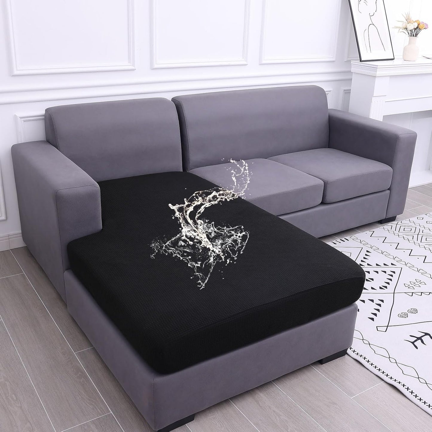 hyha Waterproof Sectional Couch Covers, Non Slip Sofa Couch Cushion Covers L Shape, Thick Stretch Jacquard Fabric, Washable Sofa Slipcovers with Elastic Bottom (1 Piece for Chaise, Black)