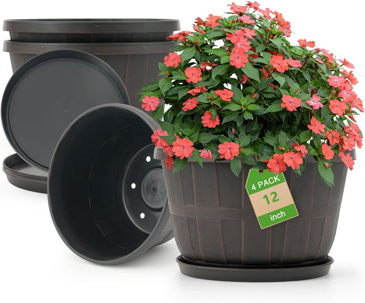 Quarut 12 Inch Large Planter Pot for Plants Indoor Outdoor, 4 Pack Plastic Flower Pots with Drainage Hole & Tray, Modern Decorative Garden Pot with Saucer, Plant Container for House（Brown）