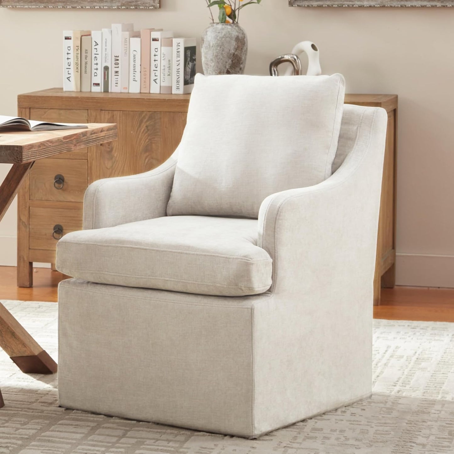 VKNOW Upholstered Dining Chairs, Modern Kitchen Chairs Dinner Chairs with 4 Casters, Linen Armchair for Bedroom Reading Room Living Room, Beige
