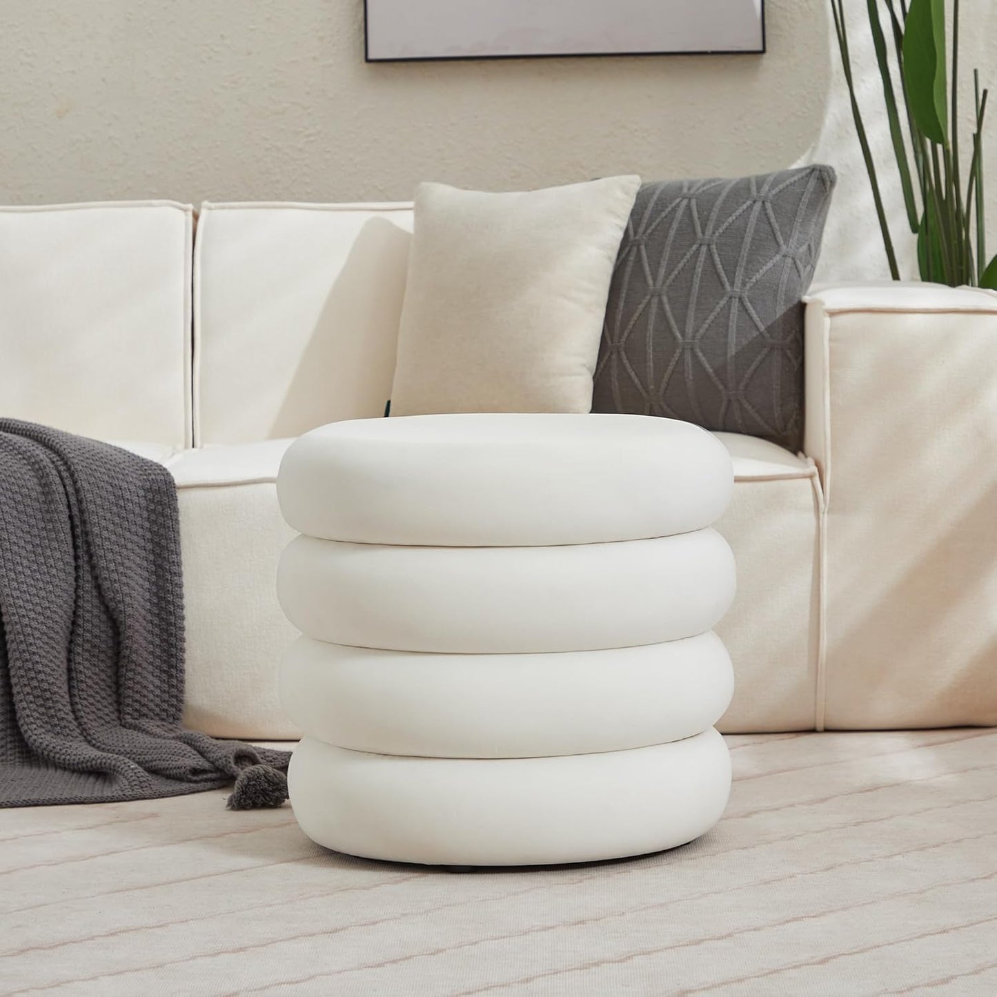 ONEVOG Round Storage Ottoman, 20" Small Ottomans Table with Removable Lid, Velvet Fabric Soft Footrest Stool for Couch, Upholstered Stuffed Circle Seat for Living Room/Bedroom/Dorm/Vanity, Lvory White