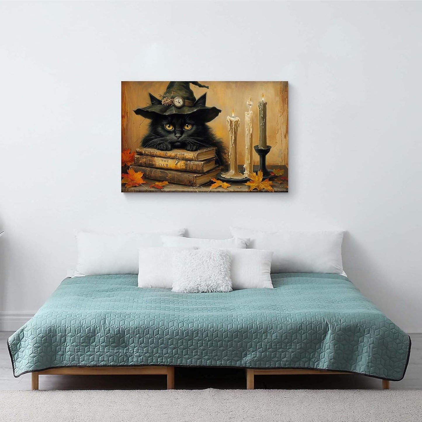 Vintage Halloween wall decoration black cat and magic book suitable for home bedroom living room decoration dark classic art witch wall decoration16x24in Wood Framed