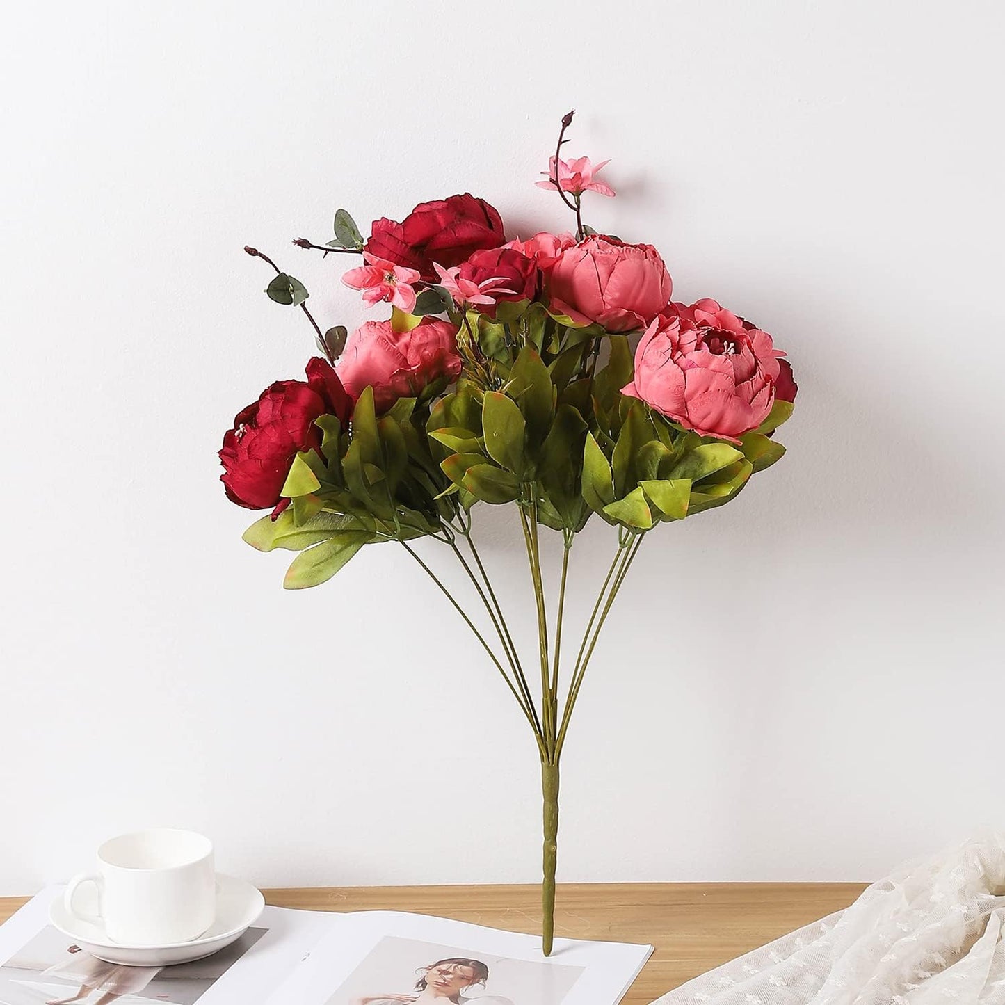 Duovlo Fake Flowers Vintage Artificial Peony Silk Flowers Wedding Home Decoration,Pack of 1 (New Red)