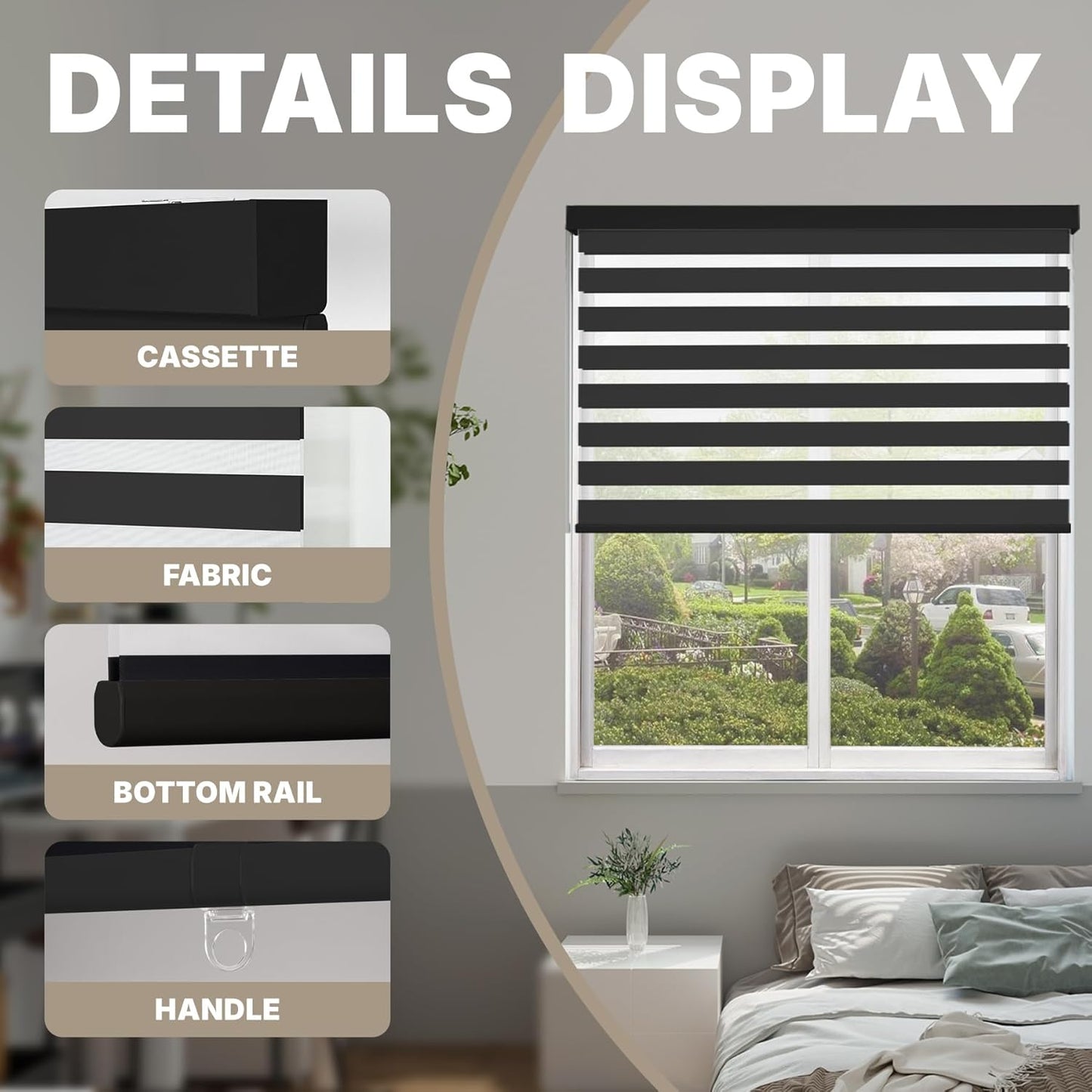 HESTIA Cordless Zebra Blinds Light Filtering Roller Shades UV Blocking Blackout Privacy Indoor Window Shades for Home Office Day and Night, Black,41" W x 54" H