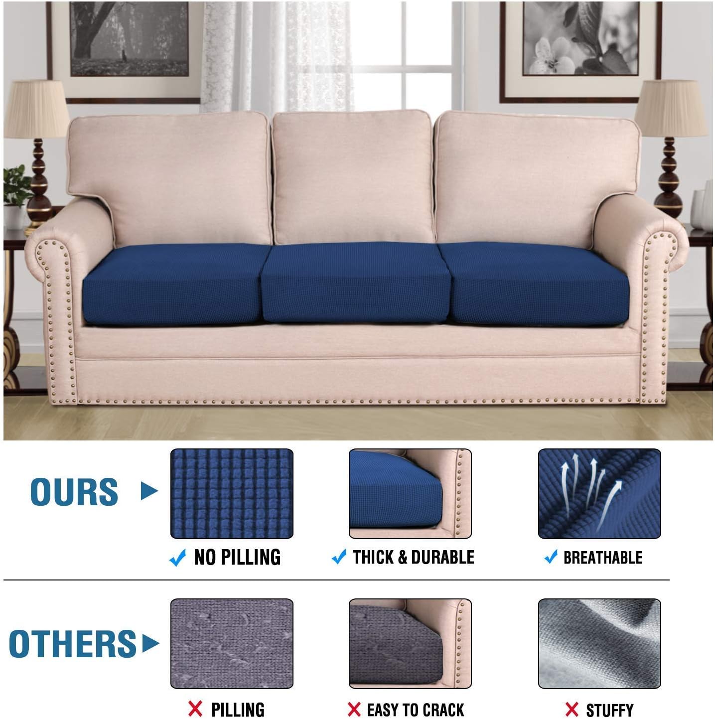 H.VERSAILTEX Super Stretch Individual Seat Cushion Covers - Sofa & Couch Cushion Slipcover Sets - Thick Jacquard Textured Twill Fabric (3 Piece XL Sofa Cushion Covers, Navy)