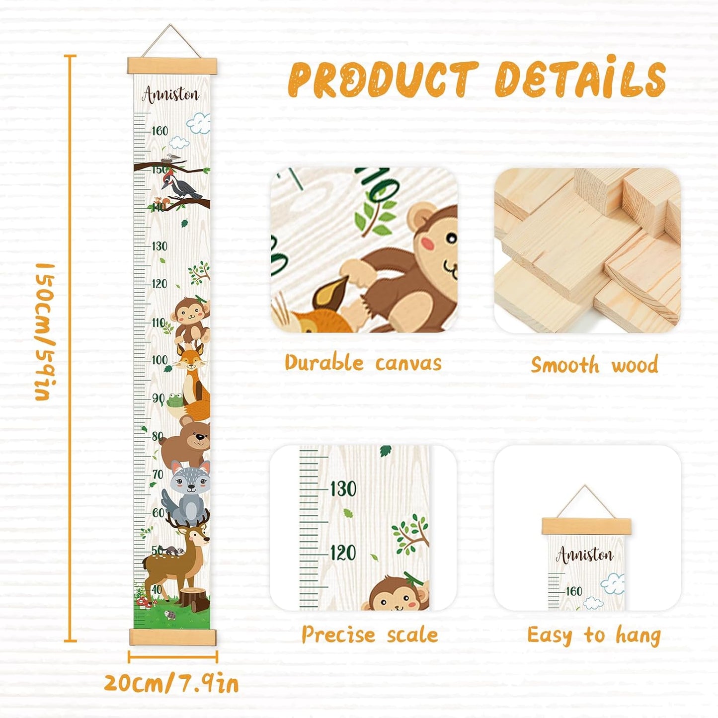 Personalized Name Growth Chart Wall Decor for Kids – Canvas Removable Height Chart Measuring Ruler 59" x 7.9" (Zoo）