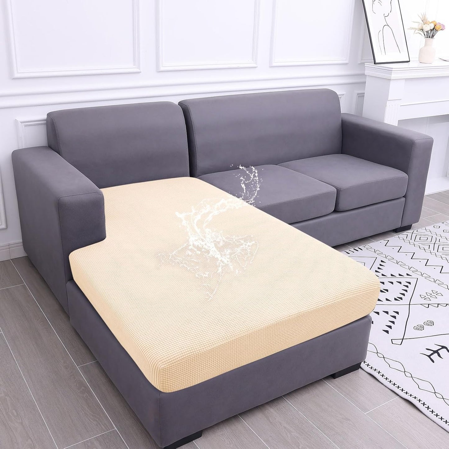 hyha Waterproof Sectional Couch Covers, Non Slip Sofa Couch Cushion Covers L Shape, Thick Stretch Jacquard Fabric, Washable Sofa Slipcovers with Elastic Bottom (1 Piece for Chaise, Beige)