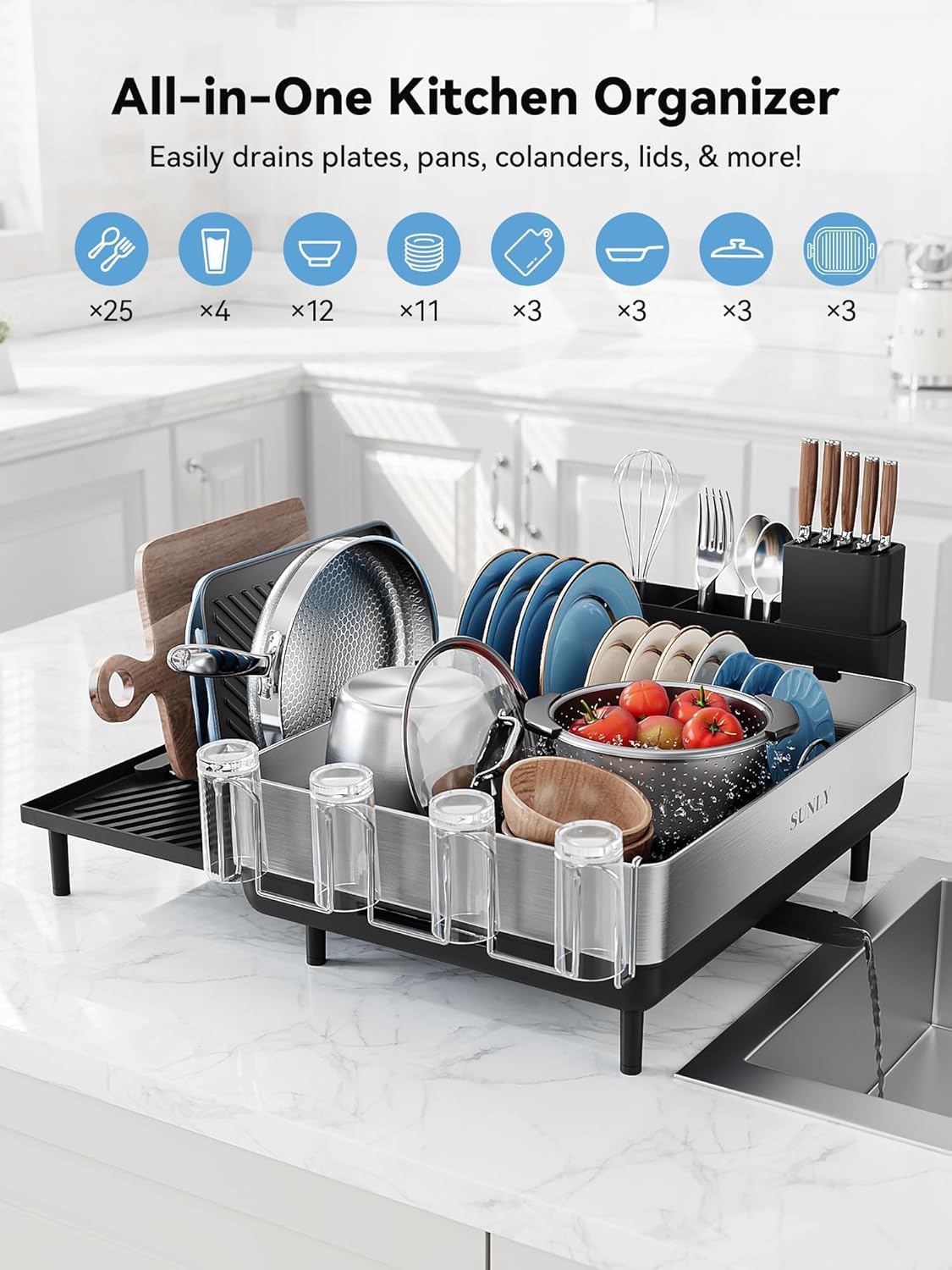SUNLY Large Dish Drying Rack, Expandable Dish Racks for Kitchen Counter, Space Saving 304 Stainless Steel Drying Rack Kitchen, Extra Large Drainer with Multifunctional Flip Up Pegs, Black