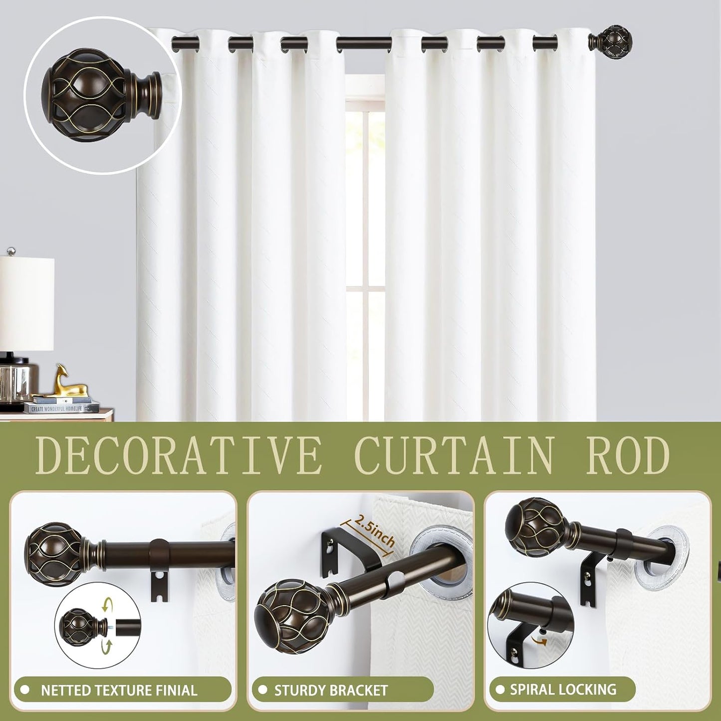 Bronze Farmhouse Curtain Rods for Windows:Heavy Duty Adjustable Curtain Rod for Bedroom Living Room,Boho Decorative Rustic Drapery Rods with Vintage Coastal Finial,Antique Bronze 2 Pack 36-88"