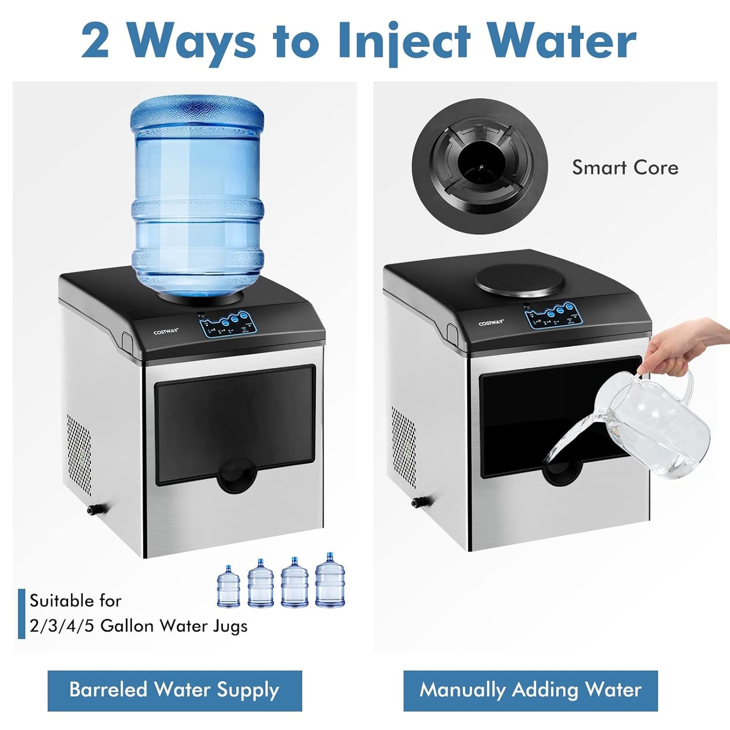 COSTWAY 2 in 1 Countertop Ice Maker Built-in Water Dispenser, 48LBS per Day, S/M/L Size Ice Cube, 5LBS Ice Storage Basket, Fast 6 Mins, Stainless Steel Ice Machine with Extendable Chilled Water Spout