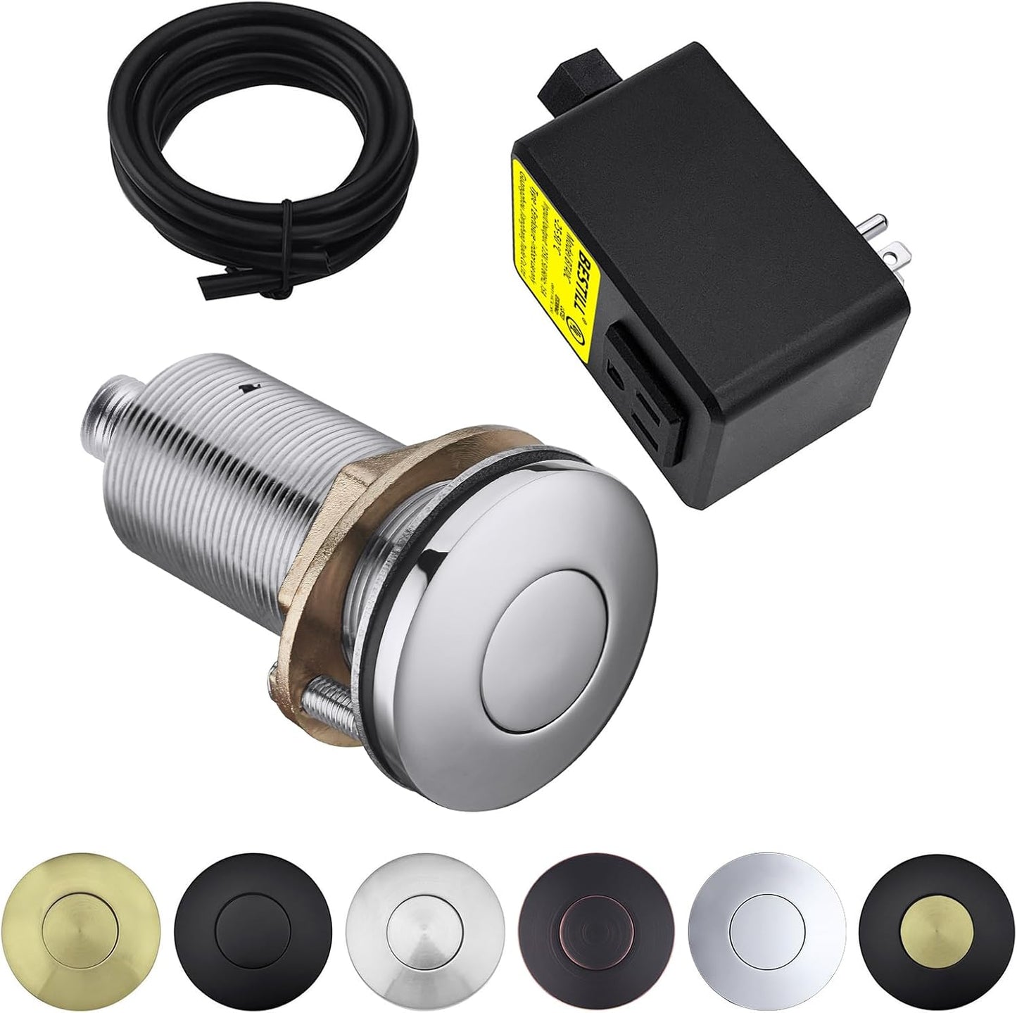 BESTILL Garbage Disposal Air Switch Kit - UL Listed, Brass 3.6" Long Push Button for Waste Disposer, Cordless Sink Top Switch Button, Polished Chrome, Compatible with all Garbage Disposals