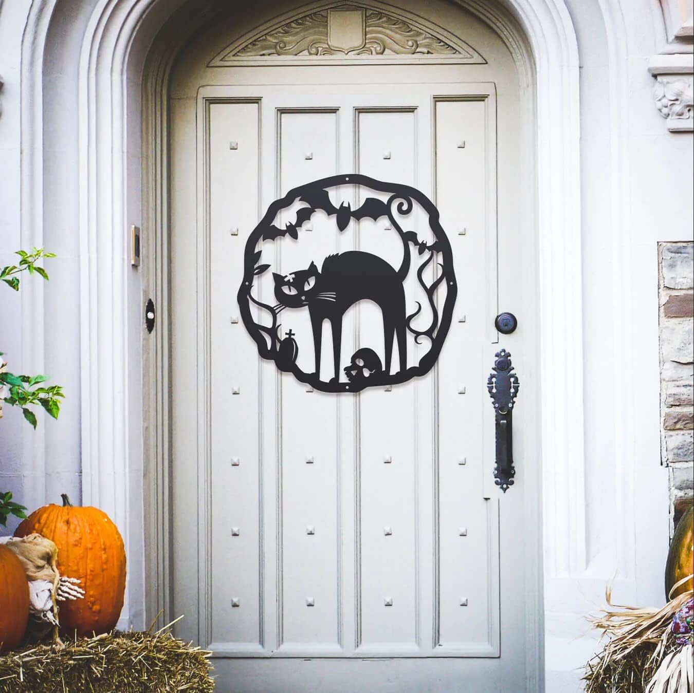RealSteel Halloween Cat Wreath, 18" Steel, Cottage, Rustic Style, Orange, Wall Decor, Front Door, Living Room, Porch, Haunted House
