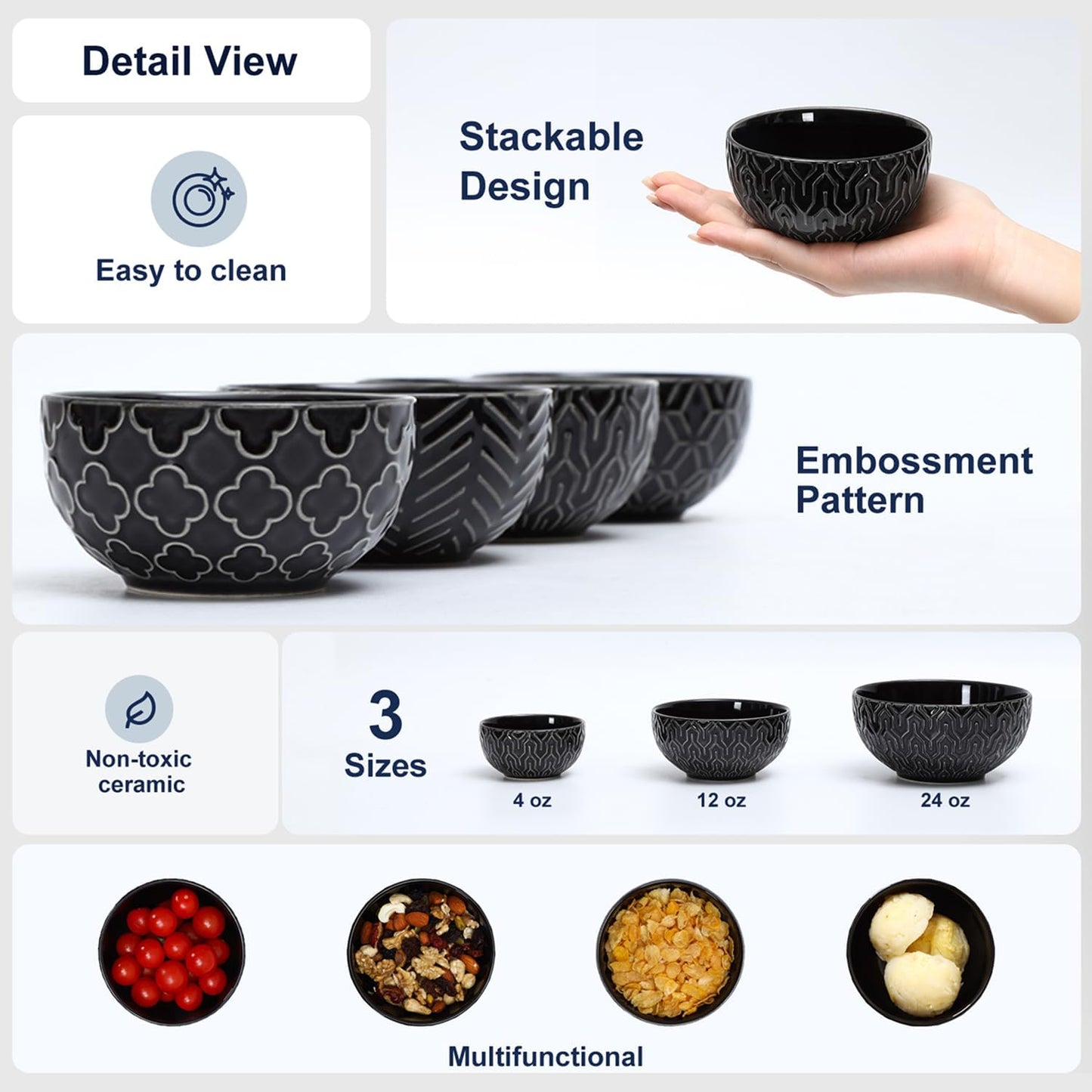 Sureasy Small Bowls 4 OZ, 3.5 Inch Dipping Bowls, Ceramic Embossed Mini Bowl for Side Dishes, Sauces, Appetizer, Housewarming, Set of 4, Black