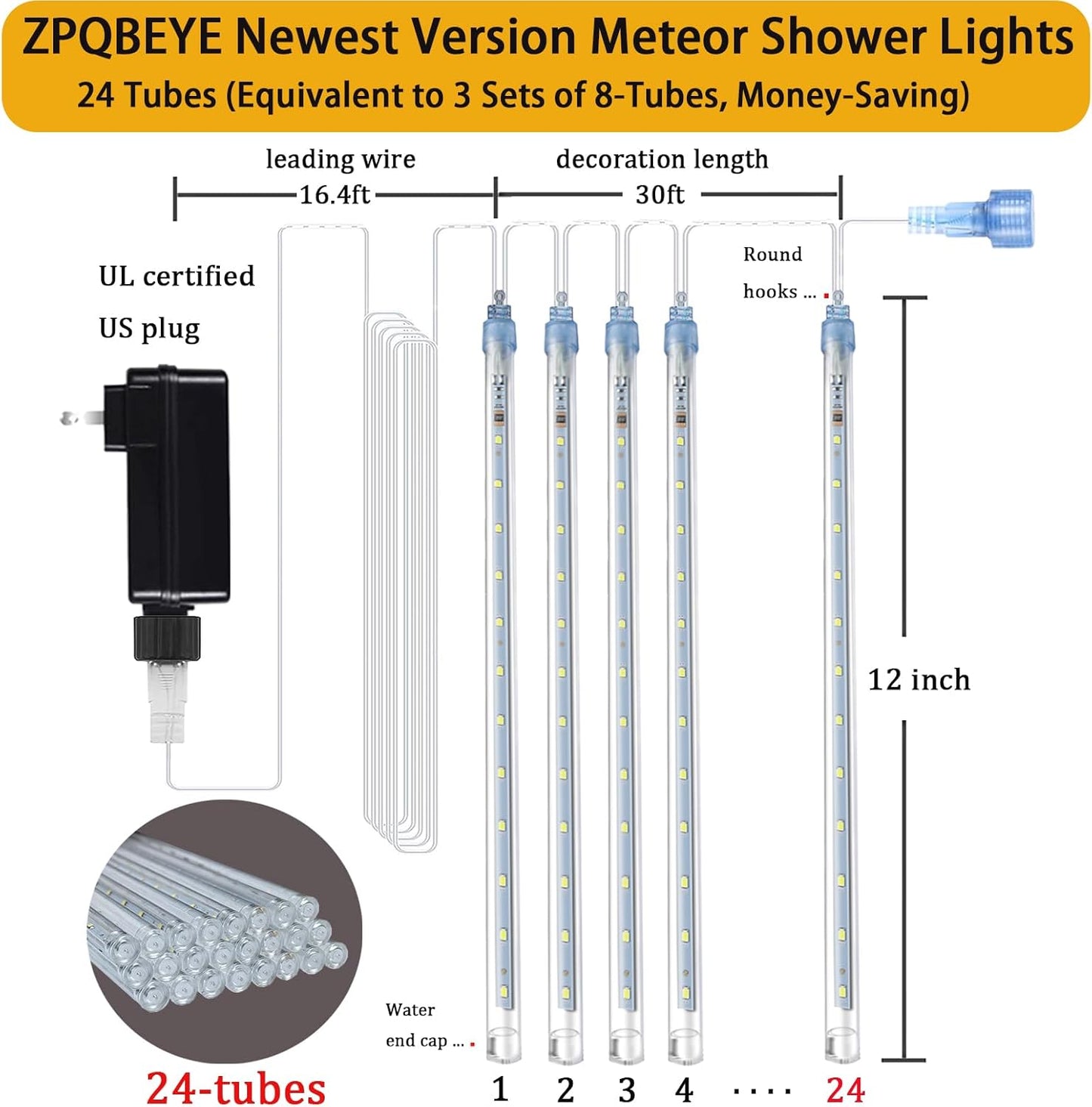 Outdoor Meteor Shower Christmas Lights 24-Tube 576LEDs Shooting Star Waterfall Meteor Shower Falling Rain Light for Christmas Tree Decorations Wedding Party Holiday Garden, UL Plug Warm White