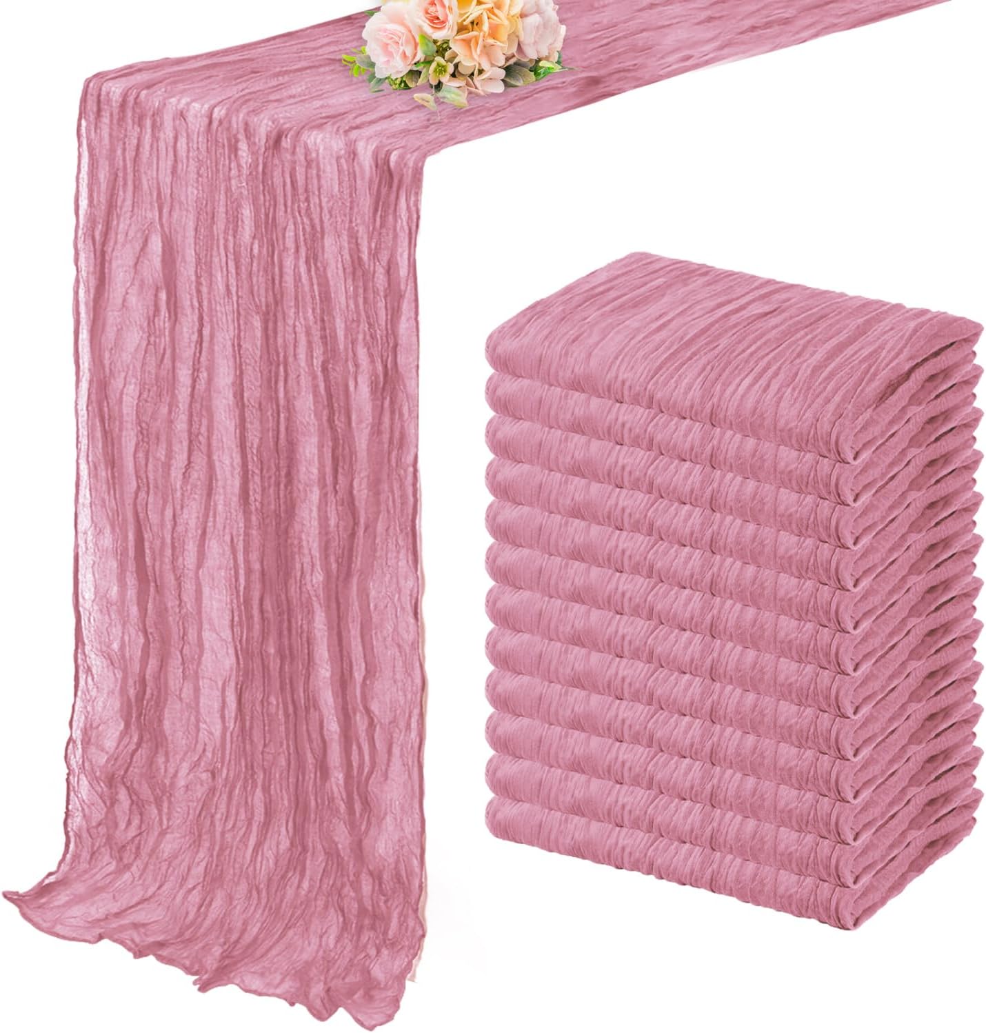 12 Pack Dusty Rose 10FT Cheesecloth Table Runner 20 x 120 Inch Long Rustic Gauze Fabric Cheese Cloth Table Runner for Wedding Bridal Baby Shower Table Decorations Boho Sheer Birthday Party Table Decor