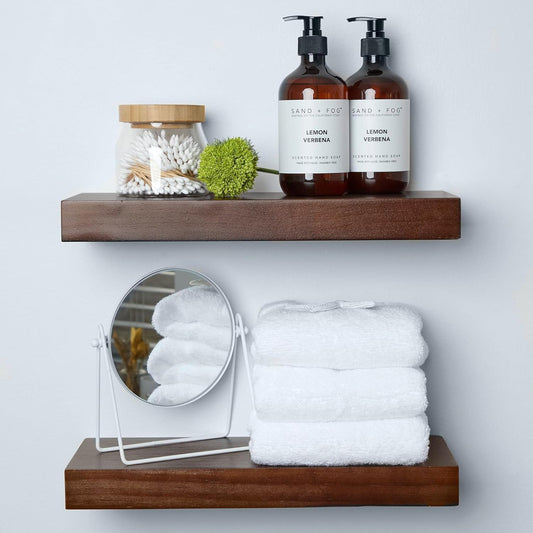 Homeforia Walnut Floating Bathroom Shelves, High End Solid Real Wood 16 inch Small Floating Shelf for Wall Mounted, Dark Brown 16inch Floating Shelves, Heavy Duty Bracket, 16 X 6.5 X 1.75 in, Set of 3