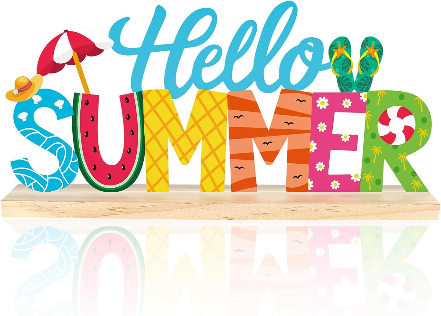 COCHIE Metal Hello Summer Sign, Summer Decorations for Home, Office, Shelf, Mantel, Indoor, Beach Slippers Tabletop Centerpiece Decoration, Watermelon Red Decor (Beach)