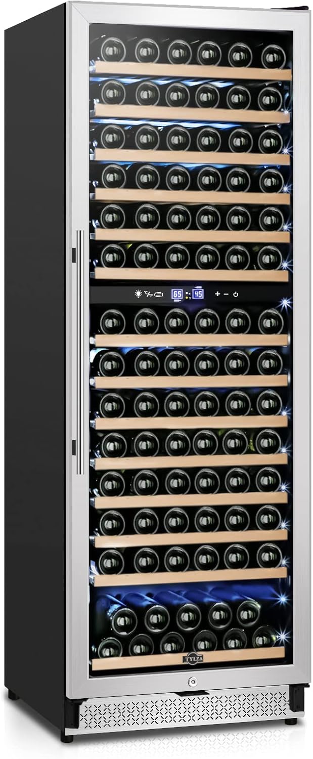 Tylza 24 Inch Wine Fridge Dual Zone, 180 Bottle Wine Cooler Refrigerator With Stainless Steel and Professional Compressor, Fast Cooling Low Noise and No Fog Built-in or Freestanding