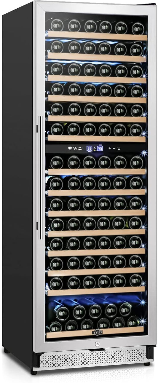 Tylza 24 Inch Wine Fridge Dual Zone, 180 Bottle Wine Cooler Refrigerator With Stainless Steel and Professional Compressor, Fast Cooling Low Noise and No Fog Built-in or Freestanding