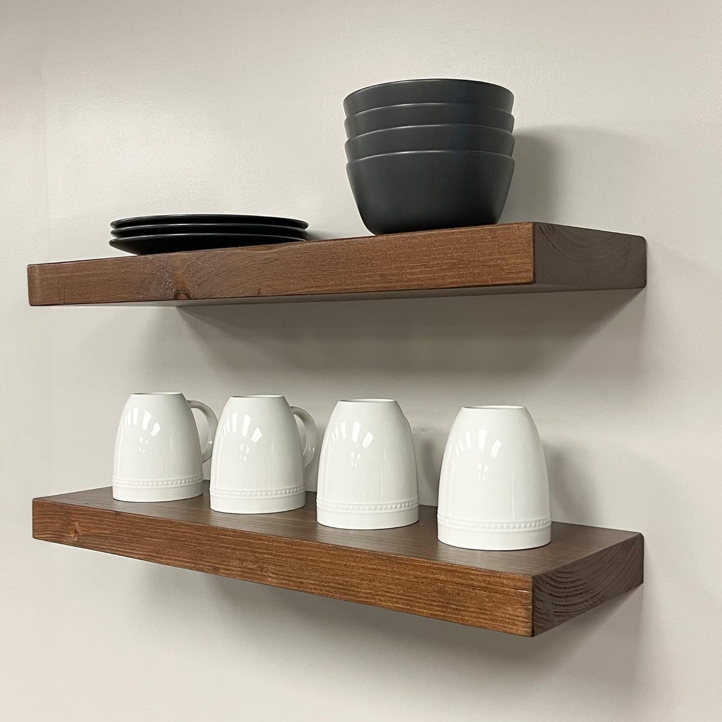 URBANDI, Rustic Floating Shelves, Set of 2, Hidden Bracket, Solid Wood, Heavy Duty, Wall Mounted Shelves, (Provincial, 60Wx10D)