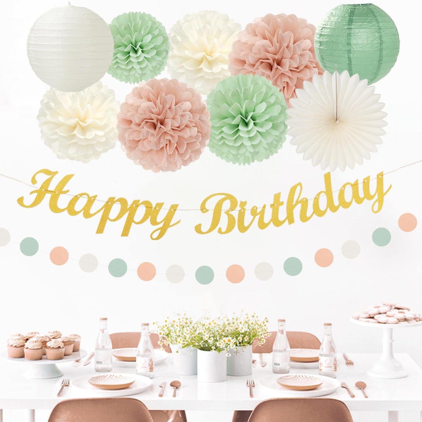 Sage-Green Blush-Pink Birthday Garland Party-Decorations - 14pcs Happy Banner 21st Spring Paper Flowers Lanterns Beige Tissue Pom Poms,Boho Streamers Fans,Neutral Rustic Hanging Supplies Decor Hugfond