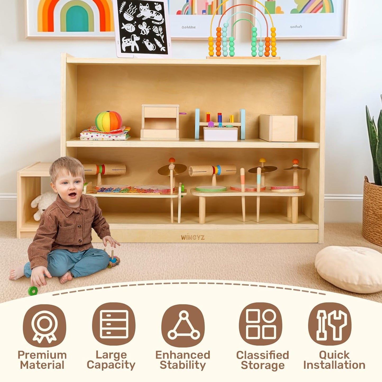 wingyz Wooden Storage Cabinet, 2-Tier Kids Toy Storage Organizer, Spacious Montessori Kids Bookshelf, Toy Shelf Storage Organizer for Playroom Classroom Nursery Study Room Living Room