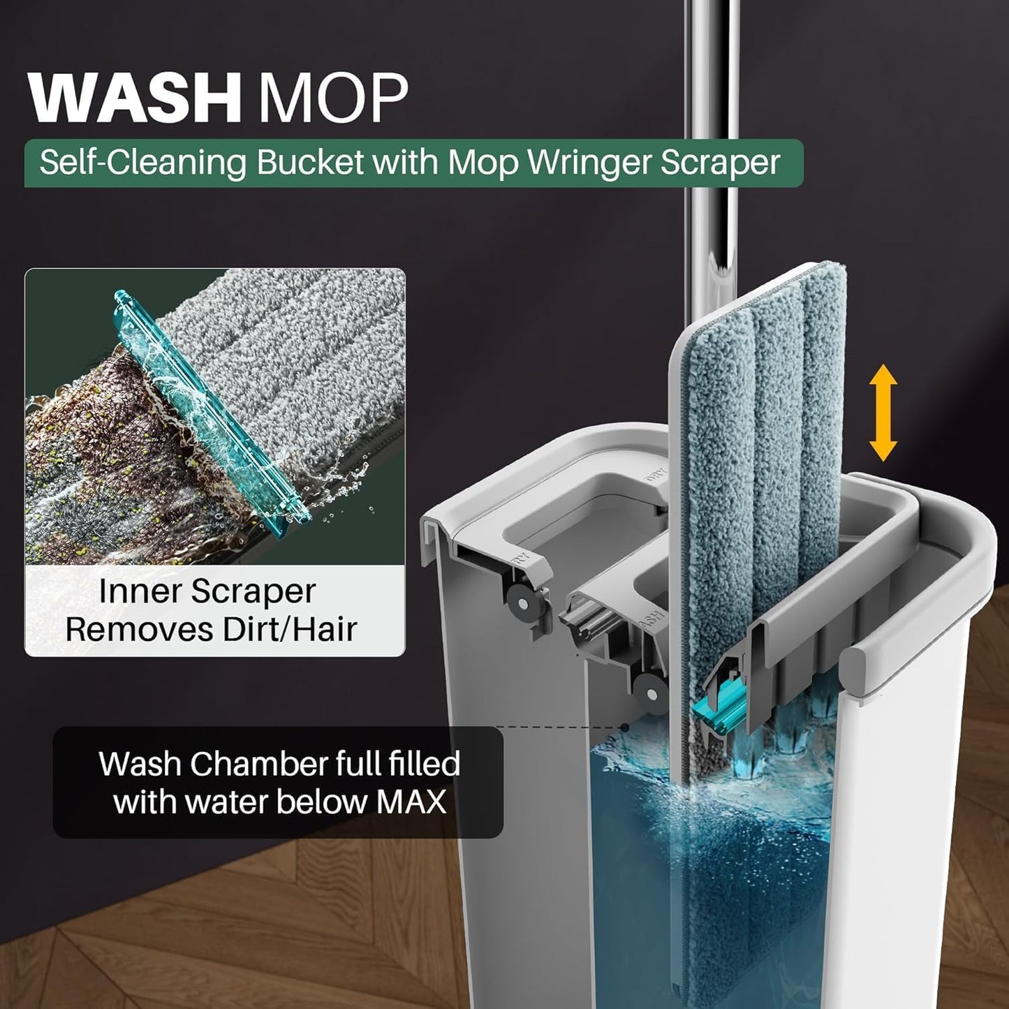 JOYMOOP Mop and Bucket with Wringer Set and Floor Cleaner Pods, Flat Floor Mop with 3 Reusable Microfiber Pads, Wet and Dry Use, Freesia Scent Pack of 15 Pacs for Floor Cleaning